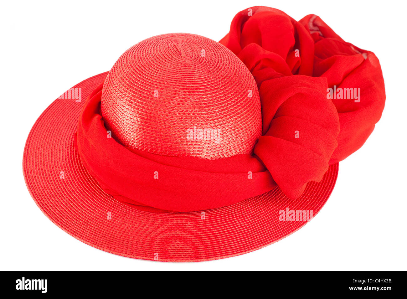 Woman`s summer red straw hat and scarf isolated on white background Stock Photo